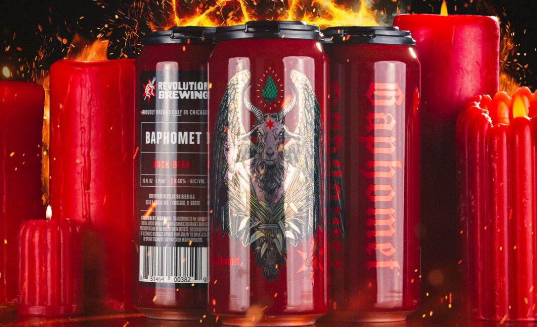 Das Foto des Baphomet-Biers von Revolution Brewing ist klar und frisch und zeigt das Logo und das Flaschendesign.