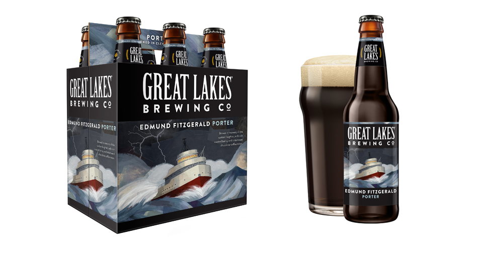 Ảnh chai bia Edmund Fitzgerald Porter với thiết kế tối màu đặc trưng của Great Lakes Brewing Co.
