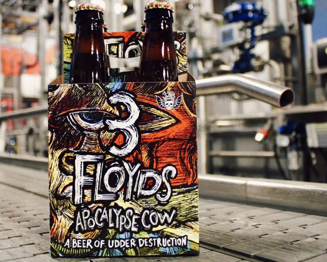 Close-up of the design of the Apocalypse Cow beer from 3 Floyds with its striking label and mysterious dark background