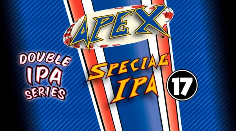 Apex IPA bottle stands out with its amber color, placed on a rustic wooden background.