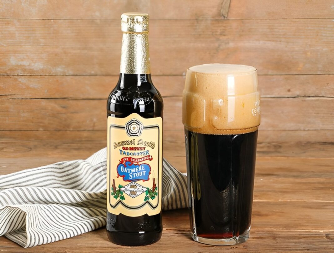 Samuel Smith Oatmeal Stout with classic label, highlighting traditional British style