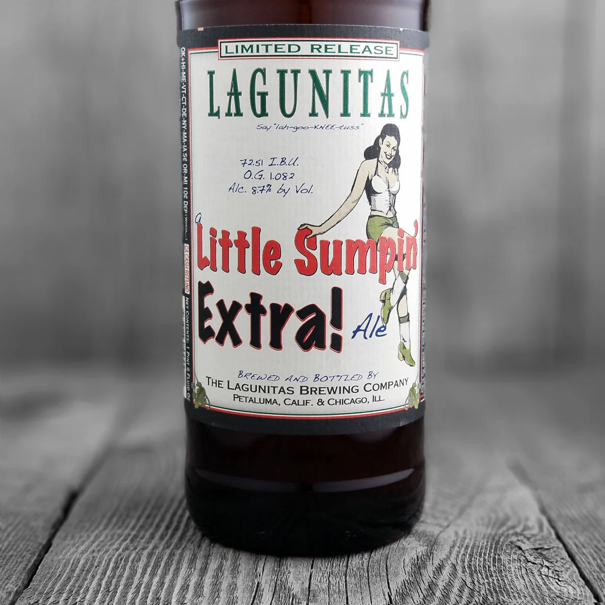 Lagunitas Beer Bottle Highlights with Lagunitas Logo and Label - A Little Sumpin' Extra! Ale: The Strong Taste of Lagunitas