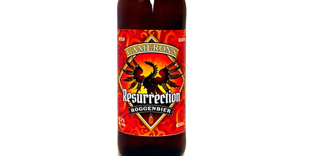 Chai bia Resurrection Roggenbier của Cameron's Brewing Co. với thiết kế bắt mắt.