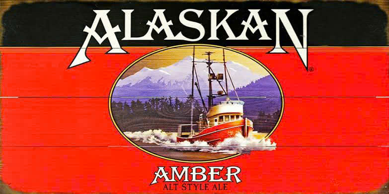 Image of Alaskan Amber beer bottle with distinctive red label, symbol of Alaska