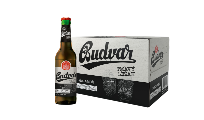 Bild der 330-ml-Bierflasche Budvar Tmavý Ležák, typisch für tschechisches dunkles Lagerbier.
