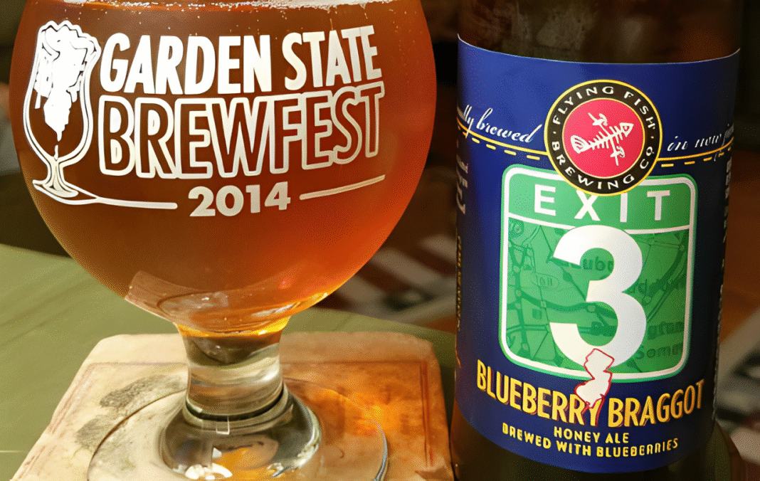 Image of Exit 3 Blueberry Braggot beer bottle, featuring beautiful colors and sophisticated design.