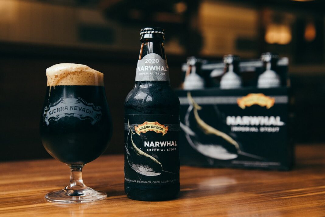 Narwhal Imperial Stout beer bottle on wooden background