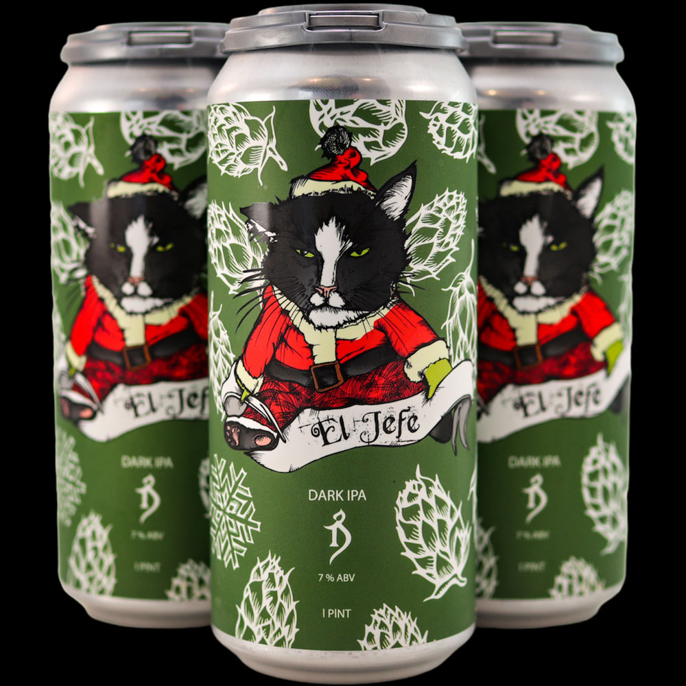 El Jefe has a Christmas and winter beer can design with a black cat in the middle - El Jefe: The Alchemist's Story of Unspoken Love