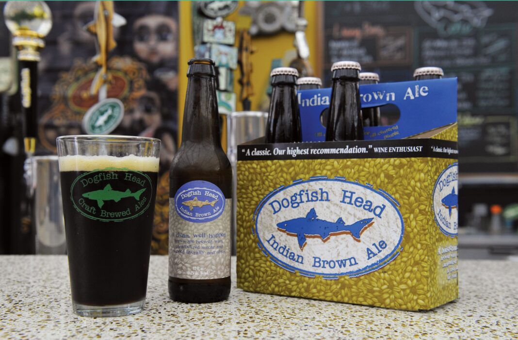 Dogfish Head Indian Brown Ale dark brown beer bottle Dogfish Head Indian Brown Ale dark brown beer bottle