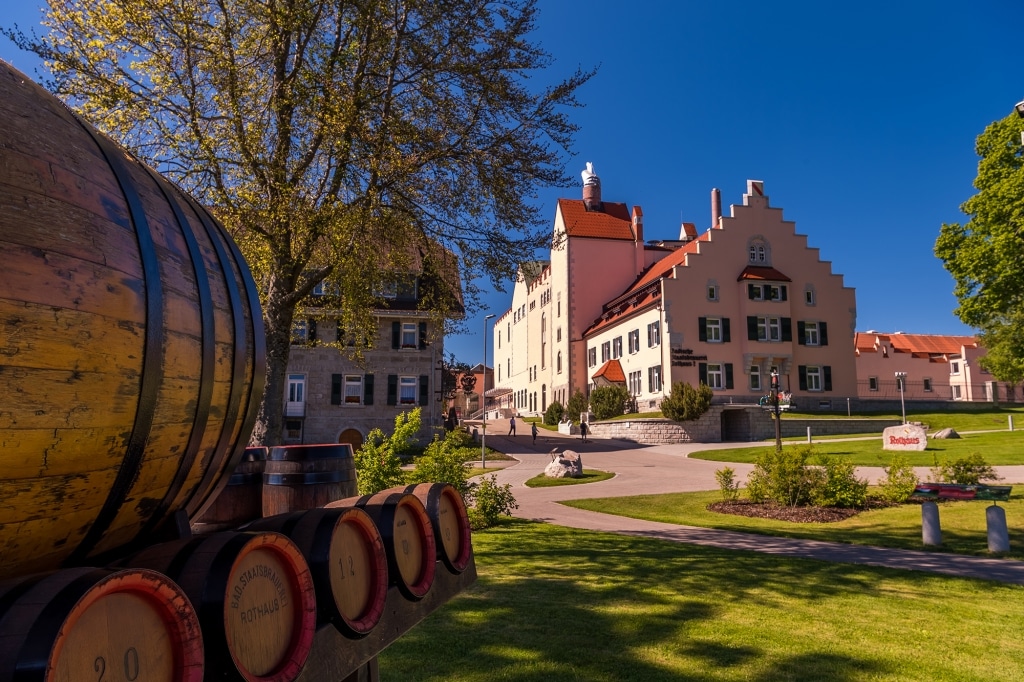 Classic photo of the exterior of the Badische Staatsbrauerei Rothaus brewery - Tannenzäpfle: Germany's Precious Gem
