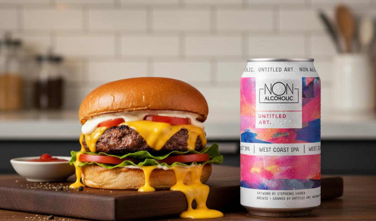This beer goes well with a vegan burger topped with rich cheese - Non-Alcoholic West Coast IPA: Smooth Without Being Humble