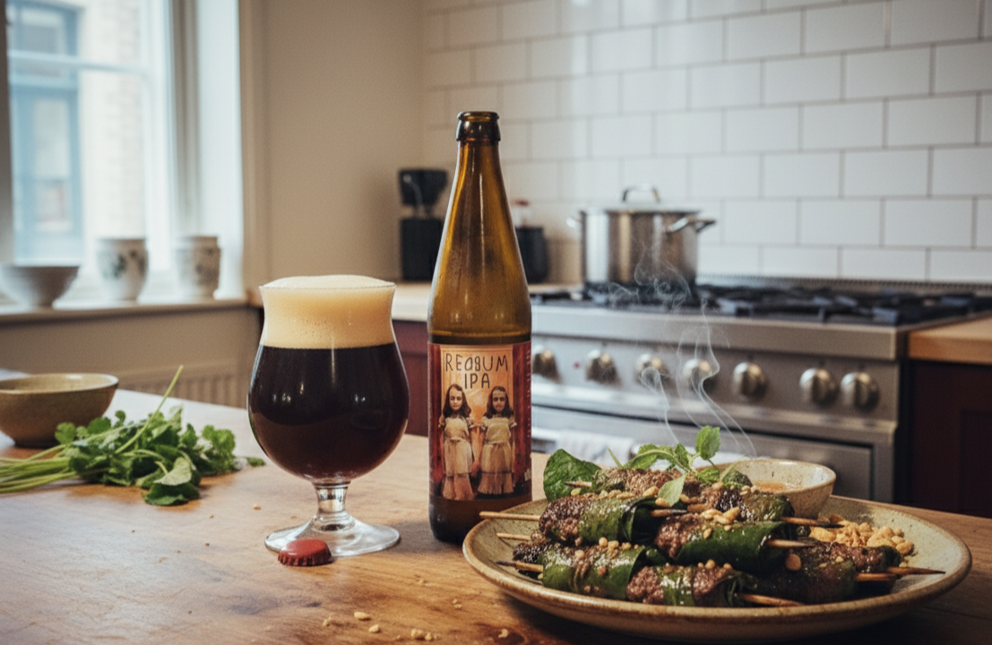 This beer pairs well with delicious grilled beef wrapped in banana leaves - Redrum IPA 2nd Edition: A Classic Whisper from Russia.
