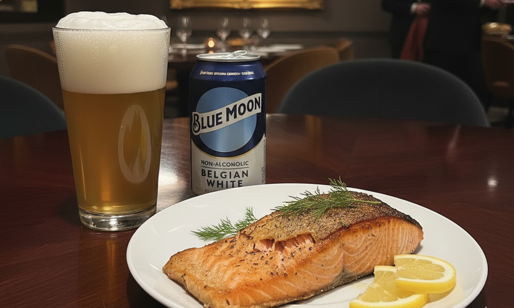 This beer goes perfectly with spicy fish - Blue Moon Non-alcoholic Belgian White: Blue Moon