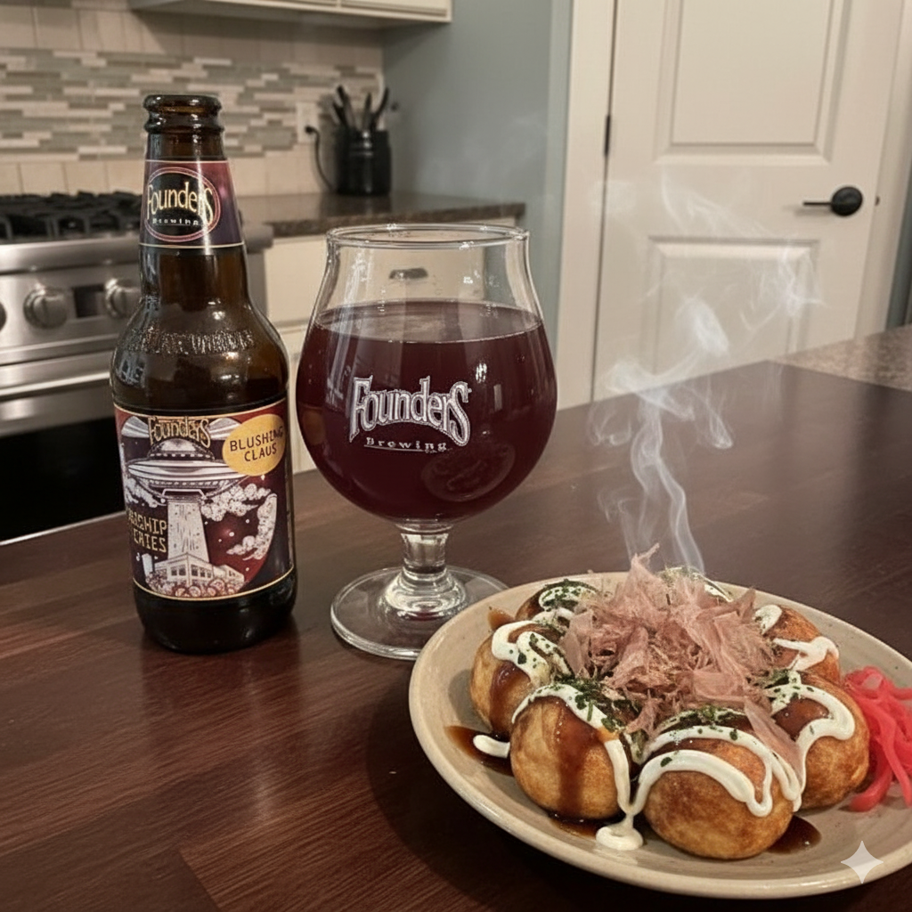 Founders Blushing Padre goes well with steaming hot takoyaki balls - Blushing Padre: The Legend's Crazy Hidden Power