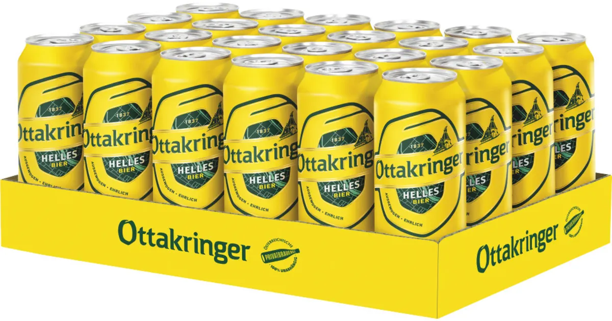 Ottakringer Helles: Die Seele Wiens in jedem Tropfen Gold Abbildungen von Bierdosen in einem Ottakringer Helles-Bierkasten – Ottakringer Helles: Die Seele Wiens in jedem goldenen Tropfen