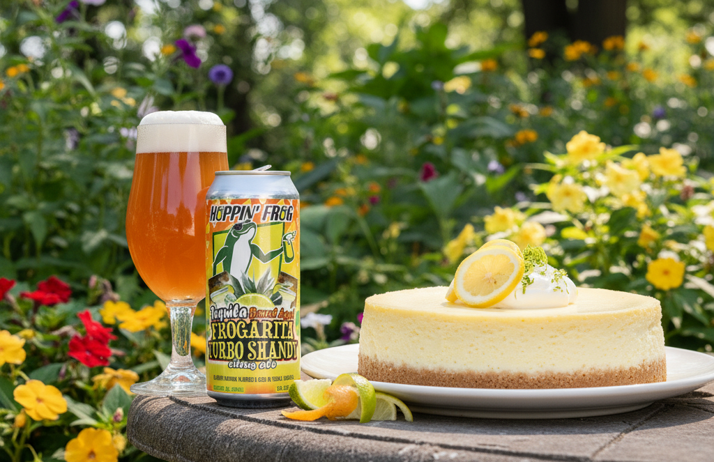 This sweet and sour lemon cheesecake goes perfectly with this beer - Turbo Shandy - Tequila Barrel-Aged: Lemon Riot