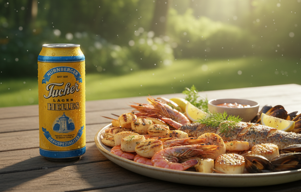 Fresh grilled seafood is a perfect match with this beer - Tucher Helles Lager: A Pure Masterpiece That Captivates the Soul