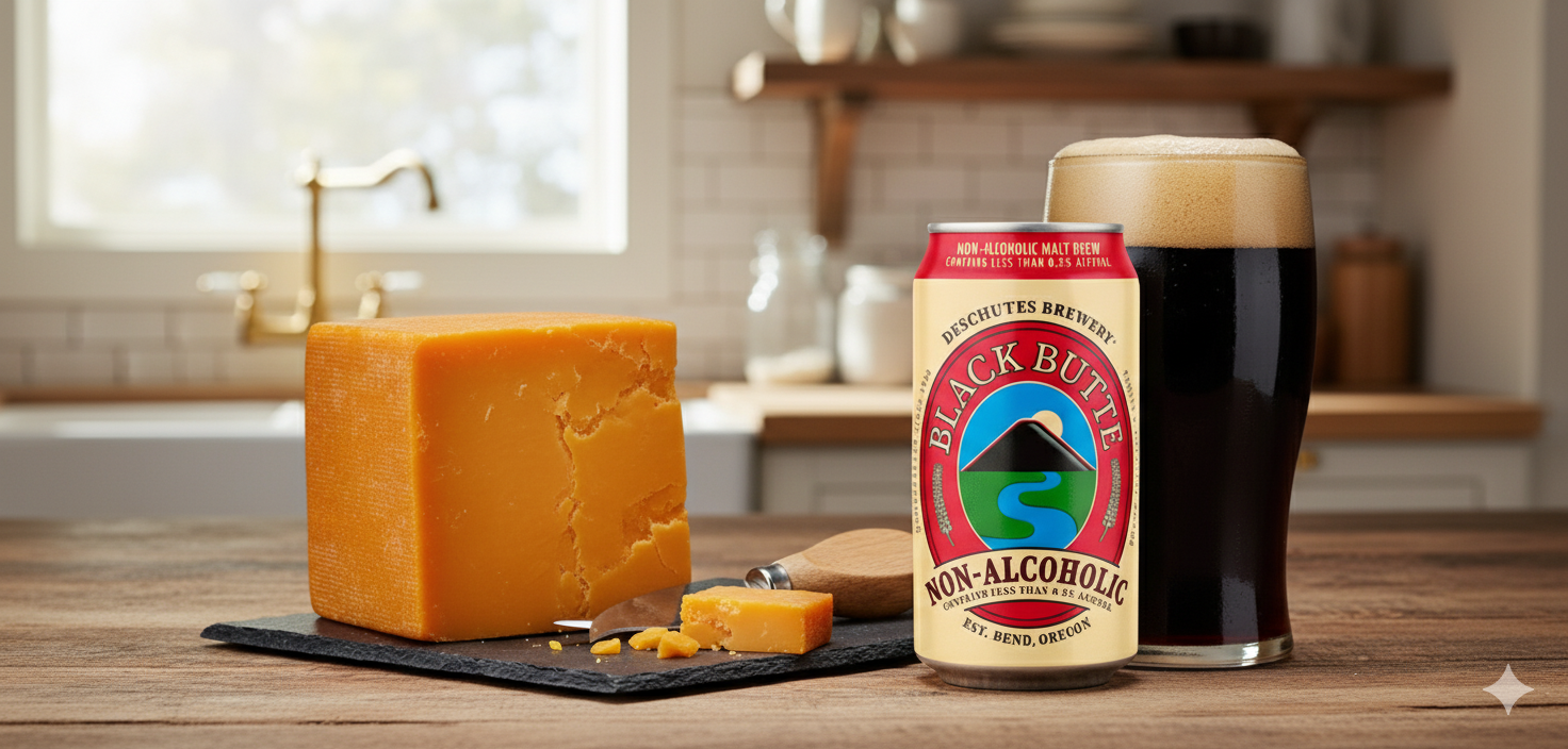 This creamy Cheddar cheese goes perfectly with this beer - Black Butte NA: Legacy of a Freedom Legend