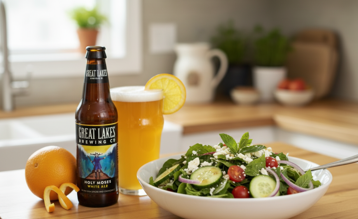 A green salad is a perfect match to enjoy with this beer - Holy Moses White Ale: A Witbier Poem in the Heart of America