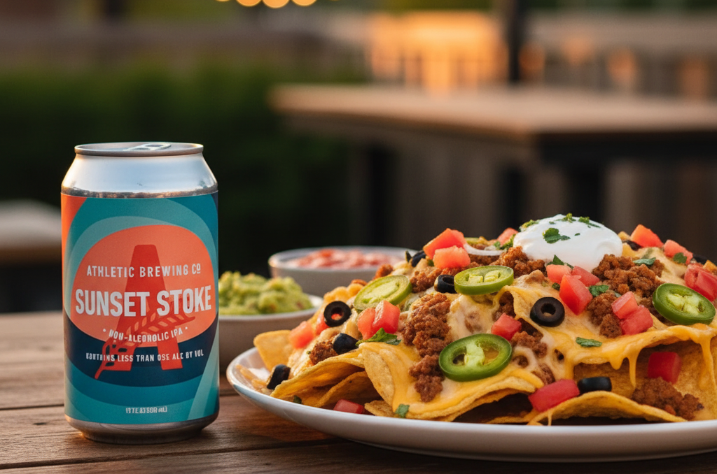 Sunset Stoke: The Fascinating Paradox of Alcohol-Free Beer The spicy and sour nachos are a perfect match with this beer in the sunset photo - Sunset Stoke: The Interesting Paradox of Non-Alcoholic Beer