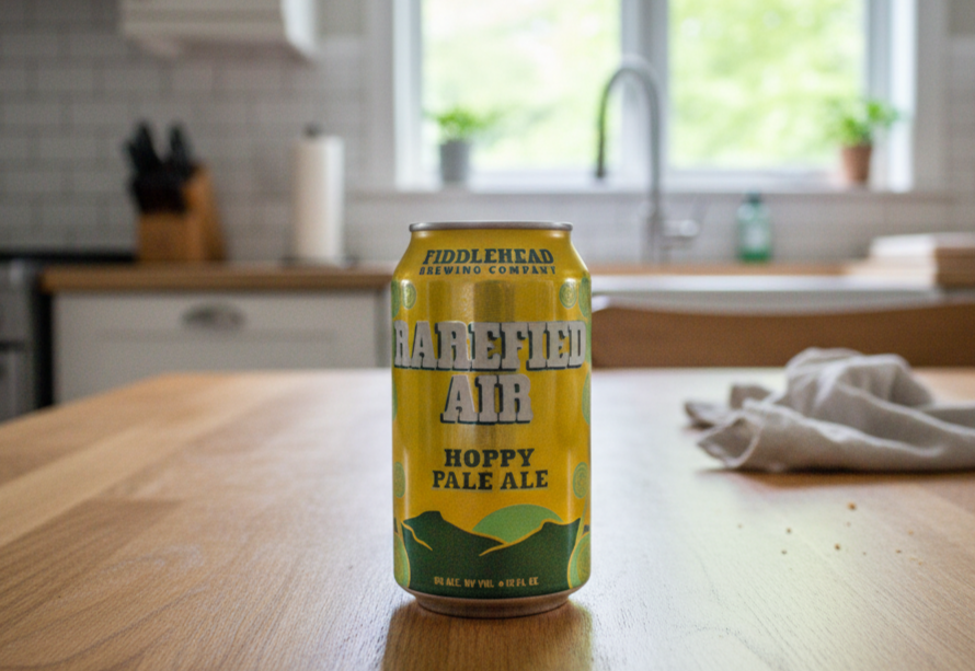 Rarefied Air zeichnet sich durch ein auffälliges grün-gelbes Design aus, das zum Namen der Brauerei passt – Rarefied Air: Die Essenz von Vermont in einem sonnigen Schluck