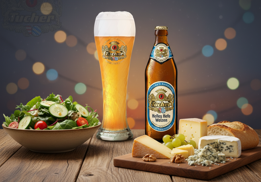 Fatty Cheese Salad is the perfect choice to enjoy with beer - Tucher Helles Hefe Weizen: Gentle River of Wheat