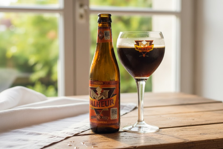Chai Malheur 12 và ly bia Quadrupel Chai Malheur 12 và ly bia Quadrupel