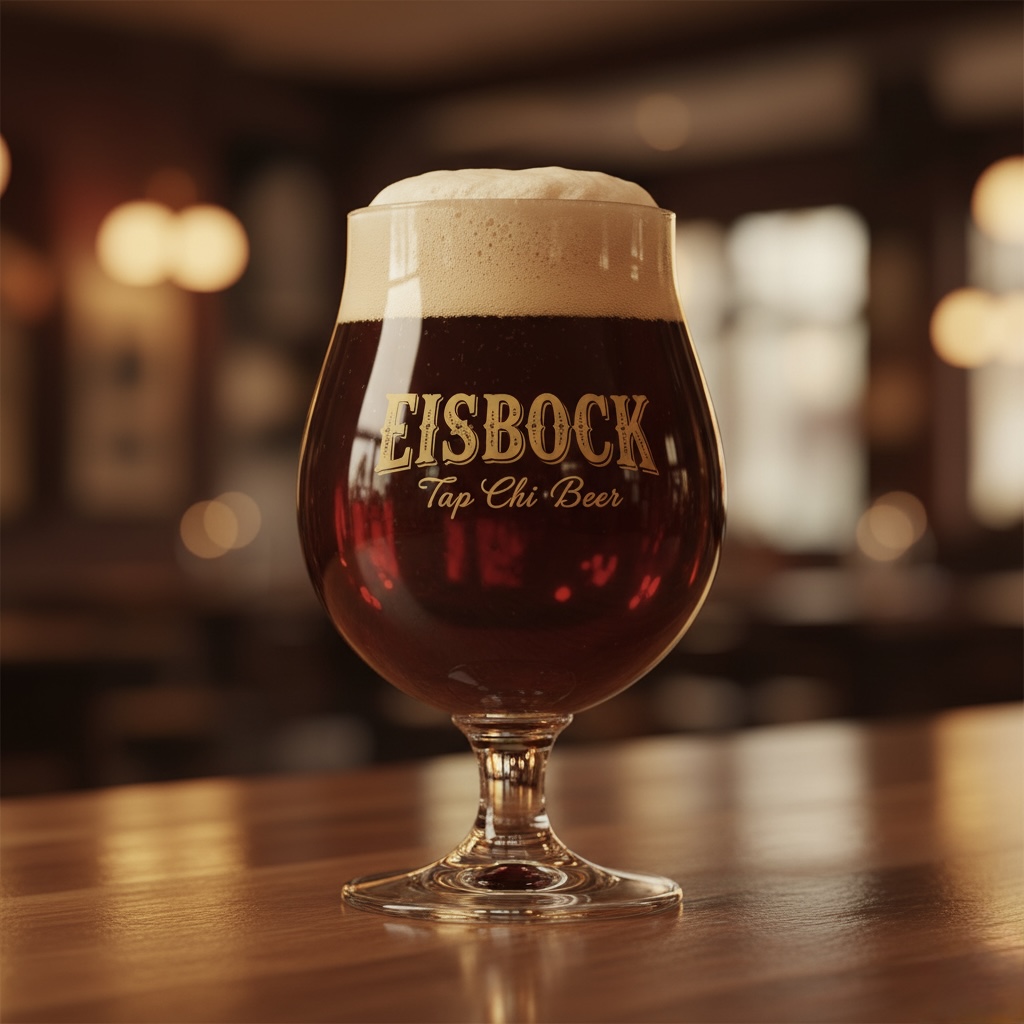 Ein Glas rubinrotes Eisbockbier auf einer Holztheke, ganz nach deutscher Art – Tap Chi Beer.