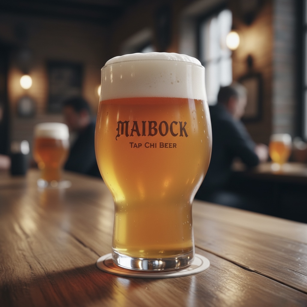 A glass of light amber Maibock beer on a wooden bar, German style – Tap Chi Beer.