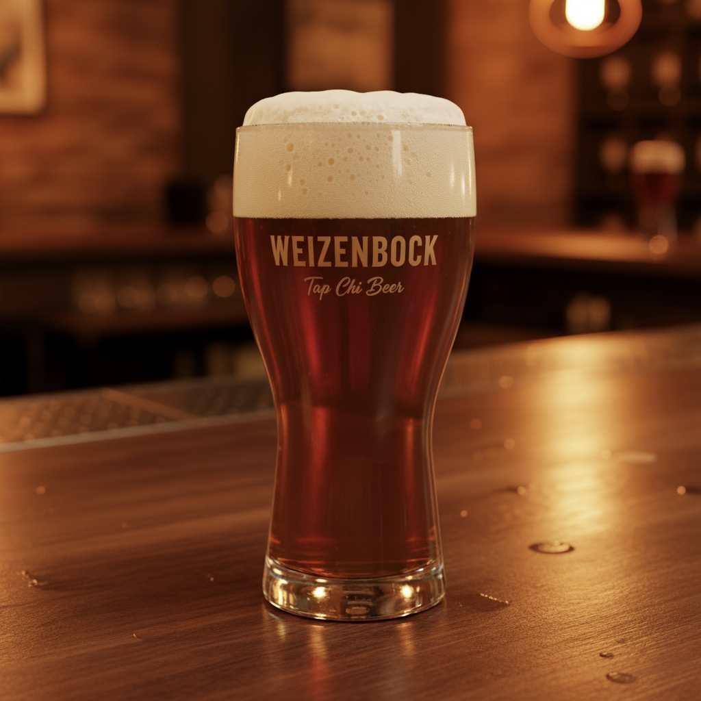 Weizenbock_TapChiBeer.jpg Ein Glas dunkelbernsteinfarbenes Weizenbock mit einer dicken Schicht cremeweißen Schaums auf der Holztheke – Tap Chi Beer.