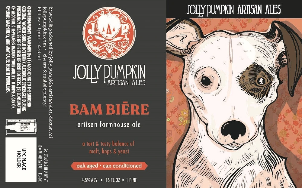 Bam Biere hat ein einzigartiges Verpackungsdesign mit einem eindrucksvollen Bild eines Hundes – Bam Bière: Goldenes Strohbier für eine wilde Seele.