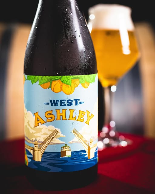 The beer has a warm, dark golden-orange color, like the afternoon sun - West Ashley: Apricot Flavor in an Old Wooden Barrel