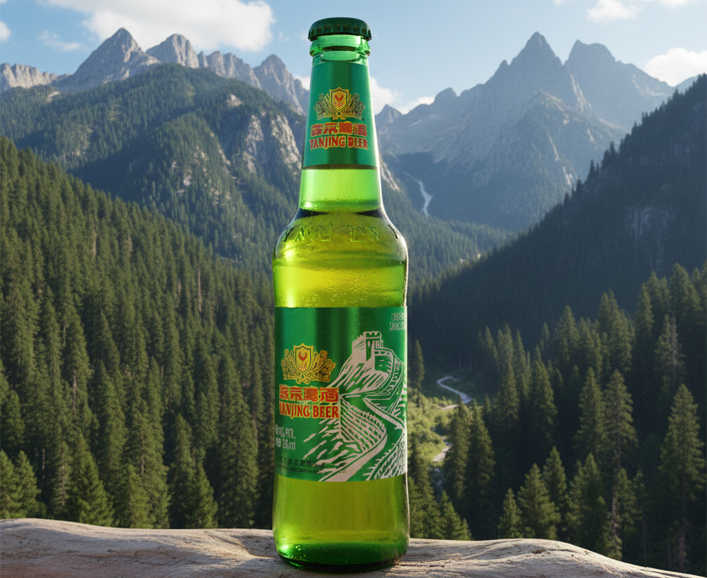 Image of a Yanjing Beer bottle amidst vast mountains and forests - Yanjing Beer: An Intensely Enchanting Flavor