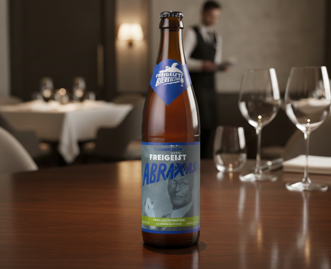 Abraxxxas Pear は、パッケージに「Abraxxxas Pear: クリスタルビールで楽しむ料理の冒険」というユニークなイメージがプリントされた印象的なボトル デザインを誇ります。