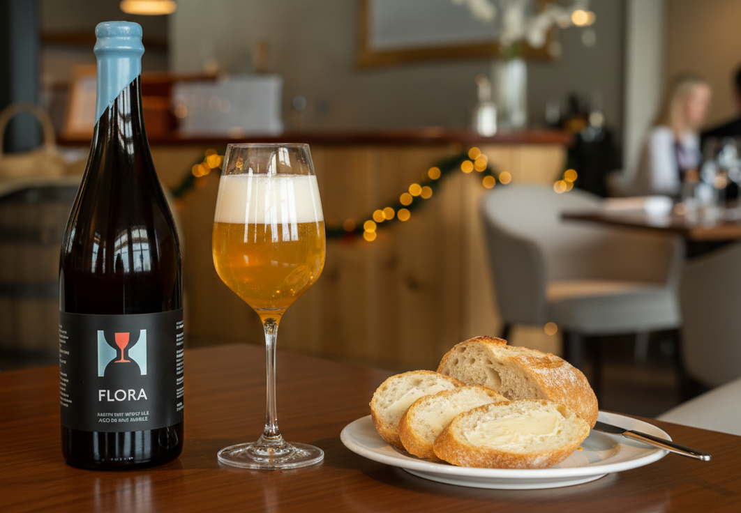 Crispy baguette bread with a delicious buttery topping pairs perfectly with this beer - Flora: Oak and Countryside Yeast Dream