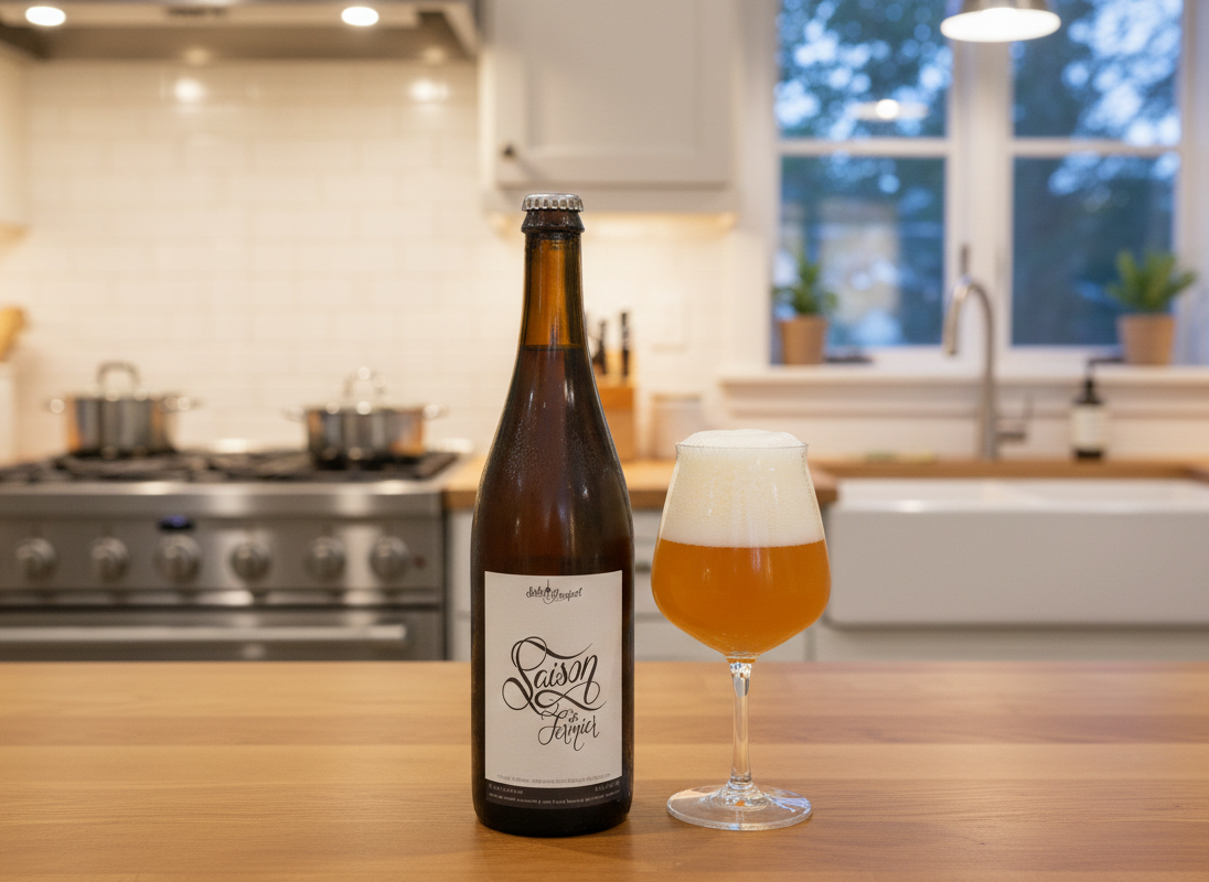 Beer with a rich golden hue blended with captivating amber hues - Saison Du Fermier: Whispering Wine from Ancient Wooden Barrels