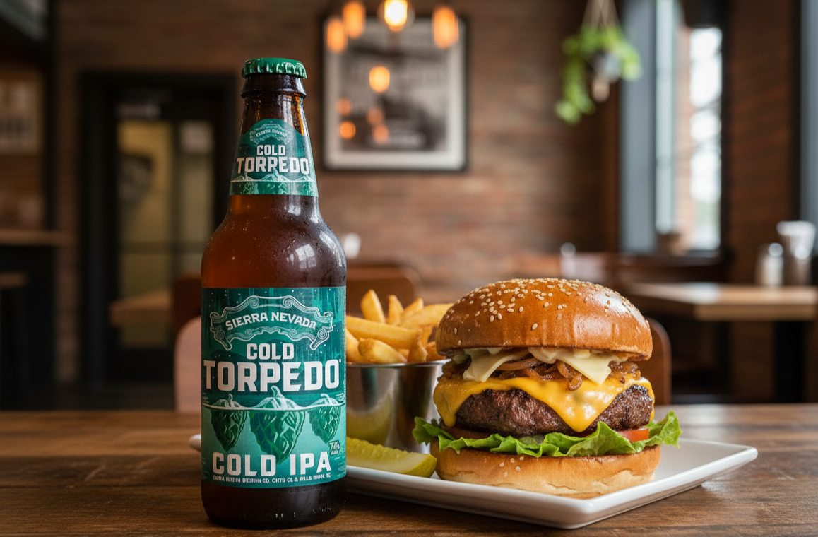 This beer pairs well with the rich, creamy flavor of the vegetarian cheeseburger 1 - Cold Torpedo: A Declaration of Taste.