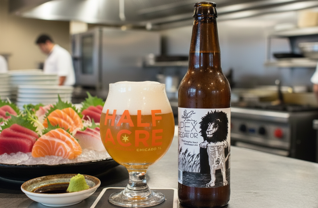 This beer pairs well with delicious fresh sashimi - Apex Predator: The Proud Saison Glass in the World of IPA