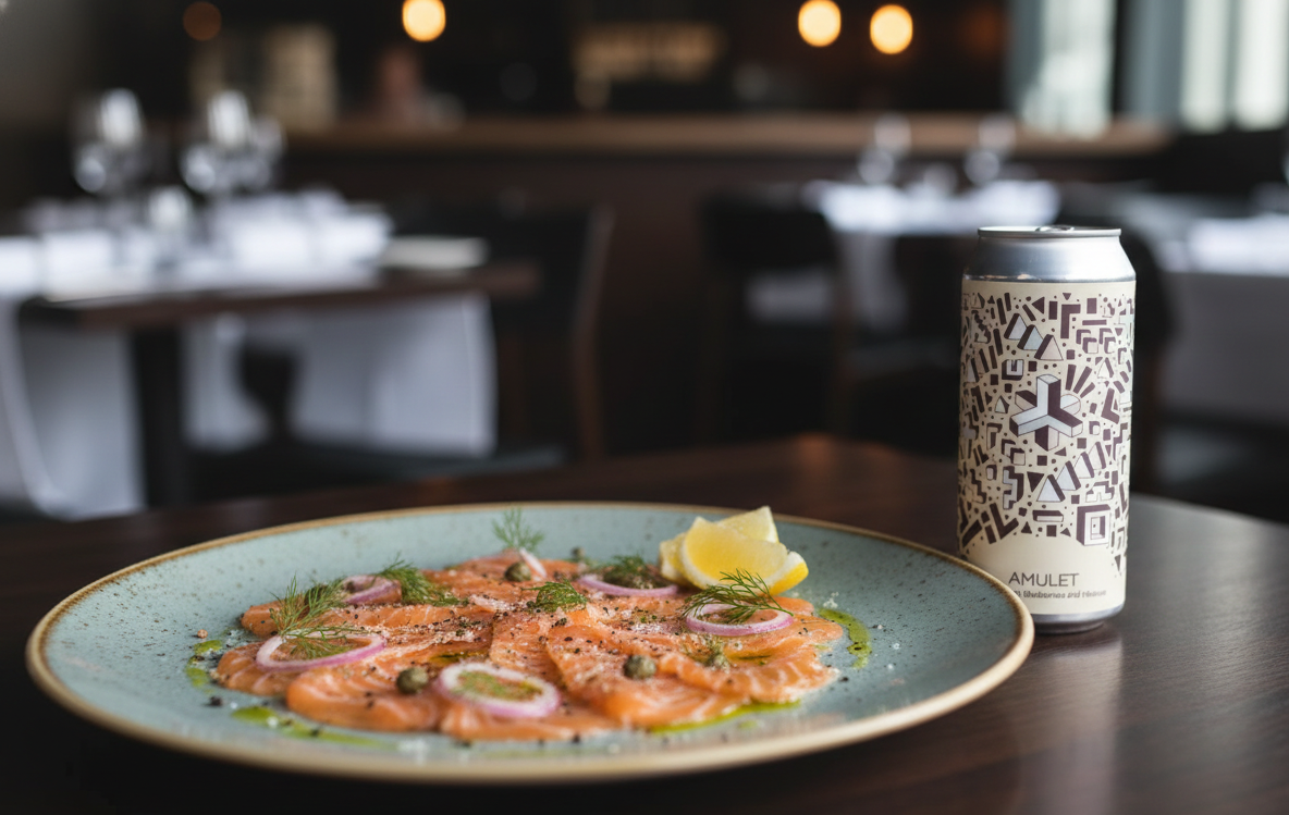 新鮮なカルパッチョとアミュレットサワーIPAのフルーティーな香りが融合し、忘れられない料理体験を創り出します - アミュレットサワーIPA：魅力的な魅力