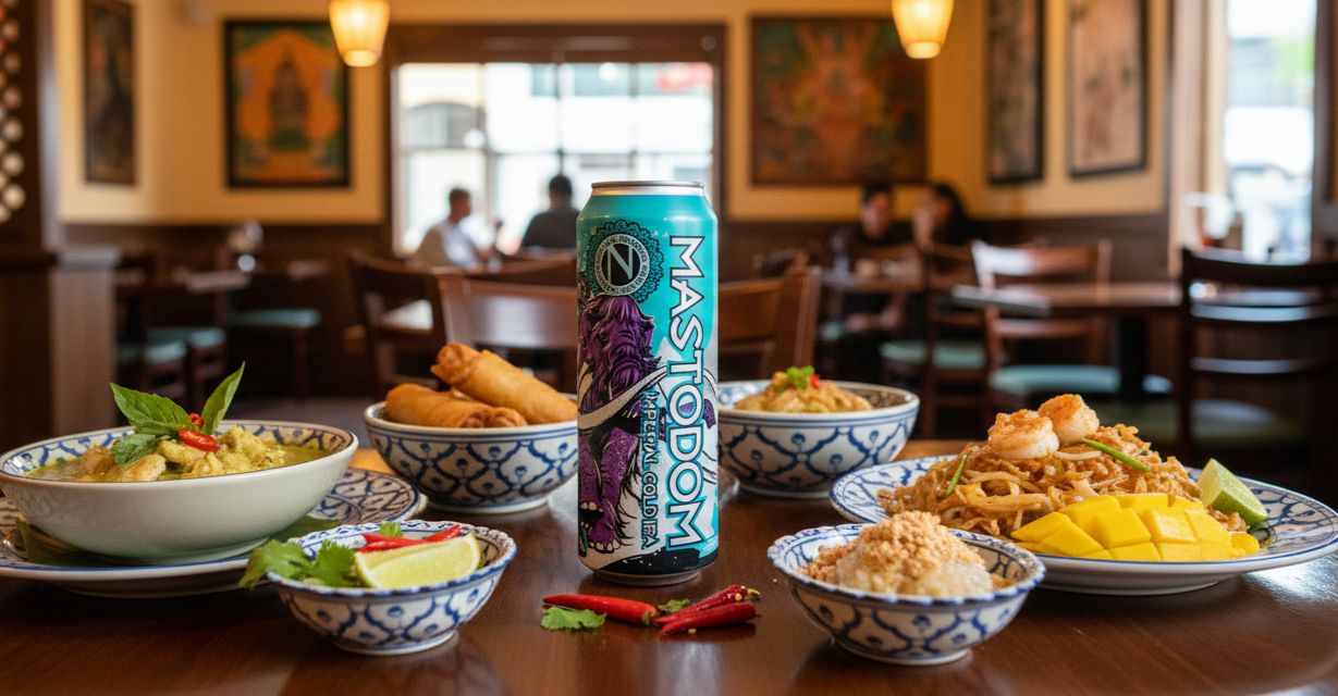 Delicious, spicy, and flavorful Thai dishes are perfectly suited to be enjoyed with this beer - Mastodom Imperial Cold IPA: The Kings of the Beer World.