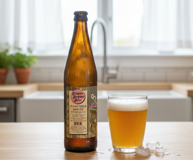 A close-up of the Funky Gold Simcoe beer bottle with its incredibly refined lines - Funky Gold Simcoe: Rebellion in a Bottle.