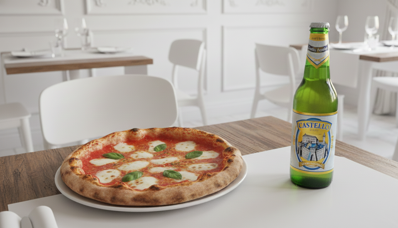 カステッロ・フリウラーナ・ブロンダは、このマルゲリータピザにぴったりです - カステッロ・ビッラ・イタリアーナ / フリウラーナ・ブロンダ：イタリアの中心部から。