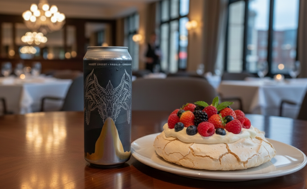 フレッシュクリームとフルーツを添えたサクサクのパブロバケーキは、このビール「フローズ・イドラ・デュース：グラスの中の甘酸っぱい夏のキス」にぴったりです。