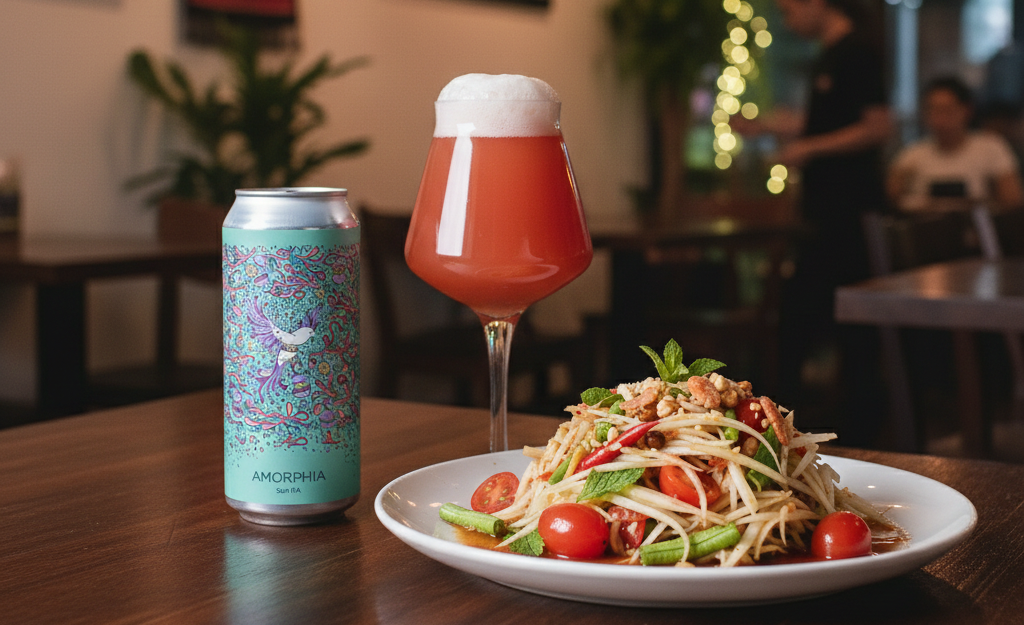 Der saure Papayasalat nach Thai-Art und das saure Amorphia Sour IPA passen perfekt zusammen. 1 – Amorphia: Ein künstlerischer Fluss aus dem Tal