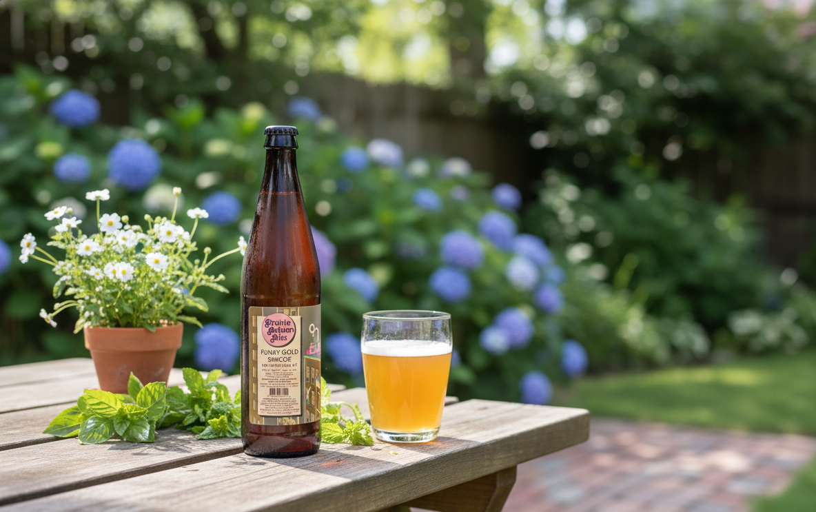 Funky Gold Simcoe has the amber gold color of a ray of sunlight piercing through the clouds - Funky Gold Simcoe: Rebellion in a Bottle