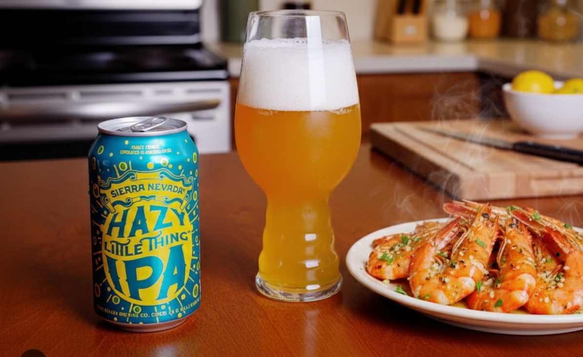 Einfaches Glück ist ein Glas Hazy Little Thing IPA zu einem Teller duftender, gegrillter Garnelen mit Knoblauch – Hazy Little Thing: Eine Wolke aus Aromen, die in Emotionen zergeht