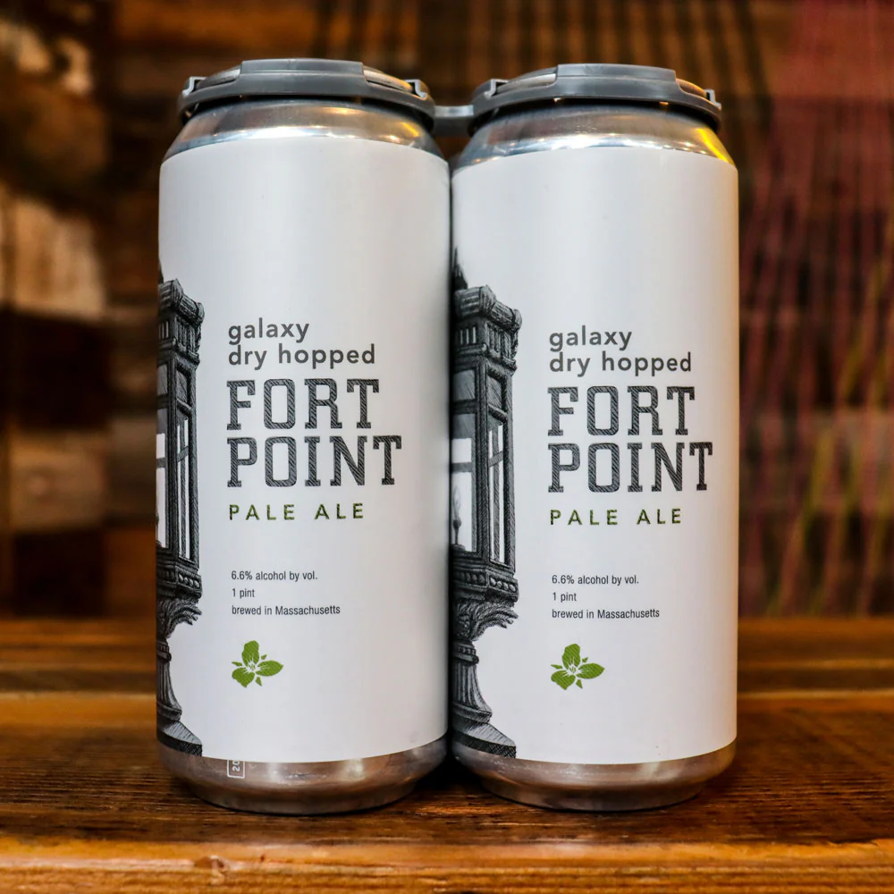 Abbildung von zwei ordentlich gestapelten Dosen Fort Point Pale Ale Galaxy Dry Hopped Bier mit Deckel – Fort Point Pale Ale – Galaxy Dry Hopped: Ein Universum der Aromen