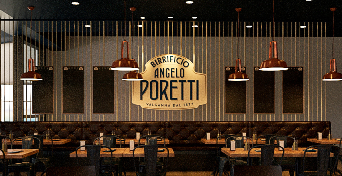 The image shows diners neatly arranged inside the Birrificio Angelo Poretti brewery - 4 Luppoli Lager: The Rebirth of Italian Pilsner.