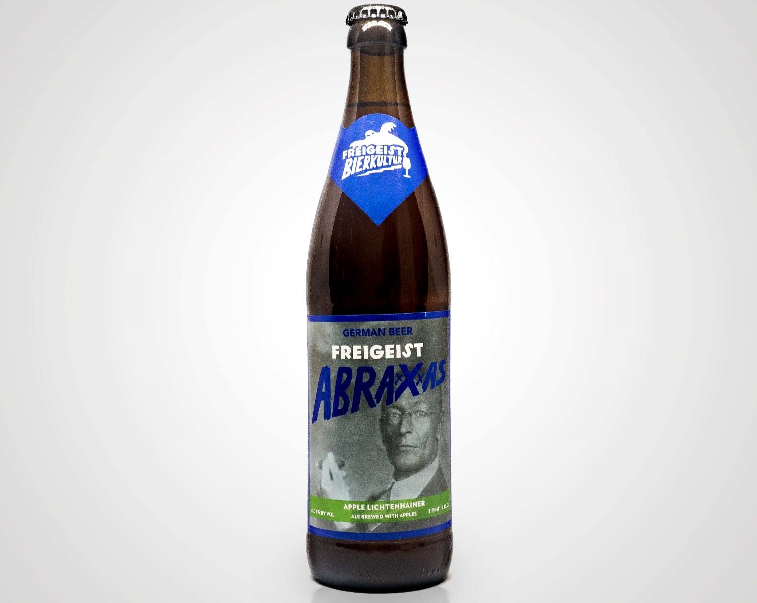 The image of the Abraxxxas Apple bottle clearly displays the beer's name - Abraxxxas Apple: The Taste of Freedom in Every Sip.