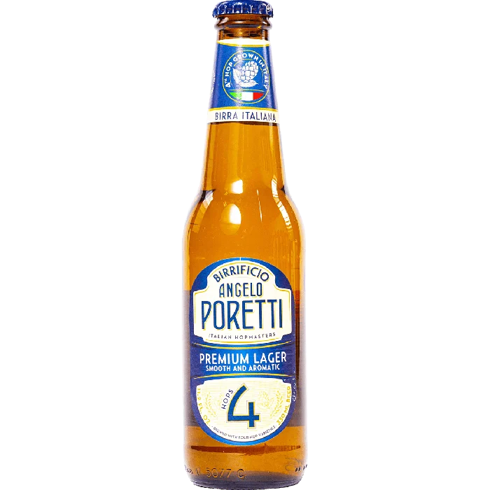 The large image of the 4 Luppoli Lager beer bottle features a striking design in deep blue - 4 Luppoli Lager: The Rebirth of Italian Pilsner.